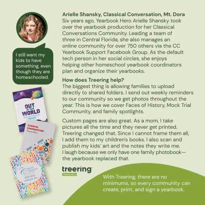 A testimonial about Treering Yearbook with a woman’s photo, quote, and images of yearbooks.