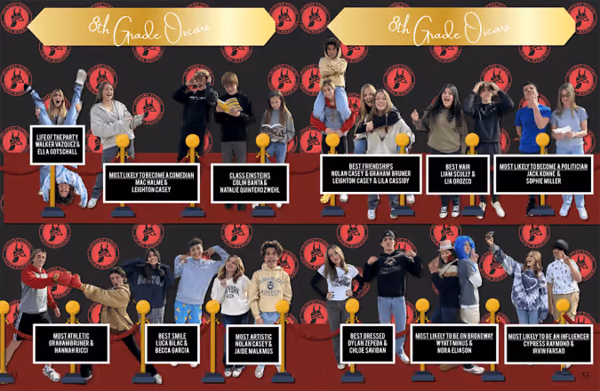 8th Grade Oscars banner with groups of students posing behind award podiums and superlative titles on red carpet.