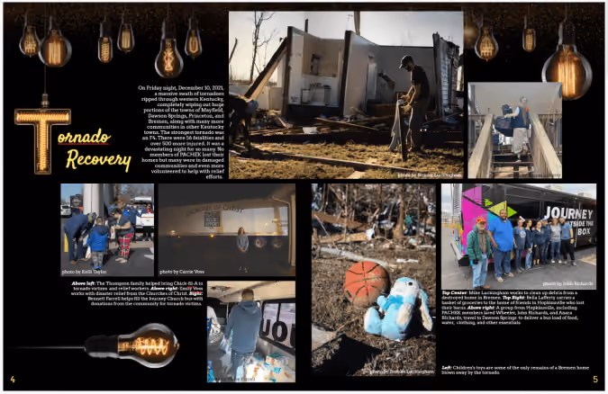 Collage showing tornado damage, recovery efforts, and community aid in Mayfield, Kentucky in December 2021.