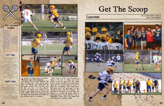 High school lacrosse team photos in action, group shots, and players on the field at a game.