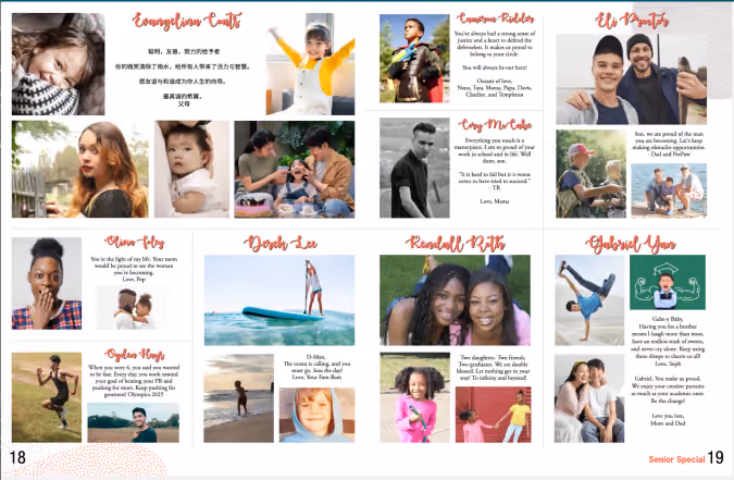 A collage of photos and heartfelt messages celebrating seniors with family, friends, and achievements.