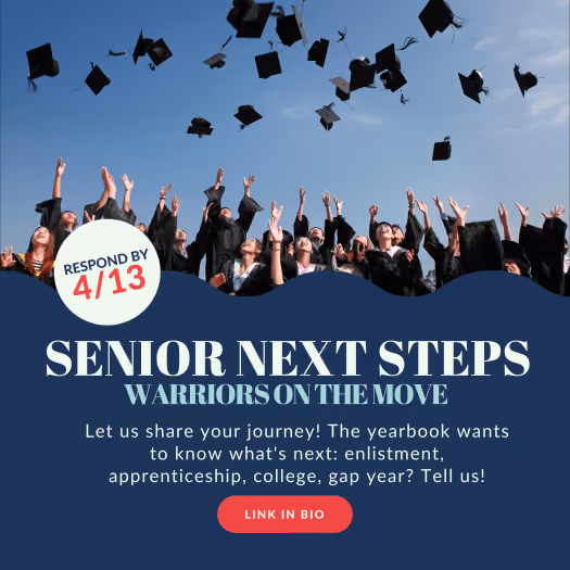 Graduates in black gowns toss caps in sky, with text about sharing senior next steps by 4/13 date.