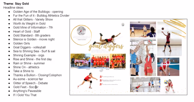 List of gold-themed headline ideas and a collage of volleyball photos with players in action.