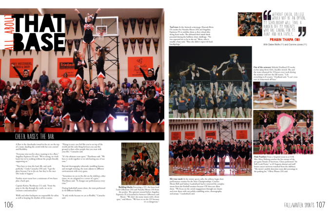 Cheer yearbook spread using the headline "All About That Base" to show the importance of the athletes at the bottom of the stunts who keep everyone safe.