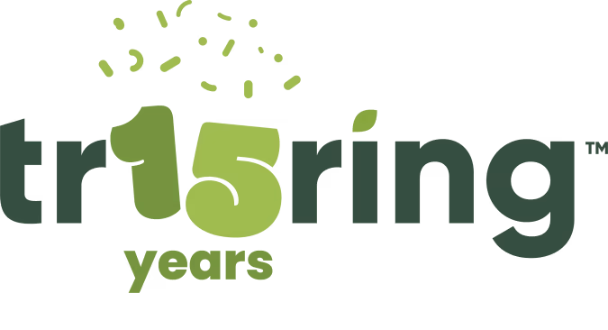Logo with text tr15ring celebrating 15 years with confetti above the number 15.