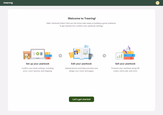 Welcome screen showing three steps: set up, edit, and sell your yearbook with icons and a start button.