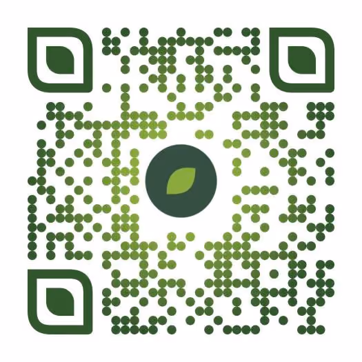 Green dotted QR code with a leaf icon in the center on white background.