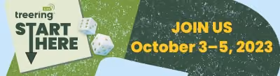 Treering start here with two dice and text join us October 3-5, 2023 on green background.