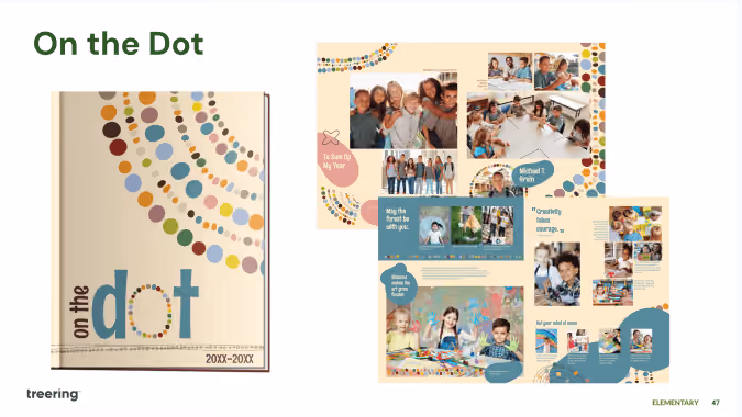 Yearbook cover titled 'On the Dot' with colorful dots and student photo collage inside.