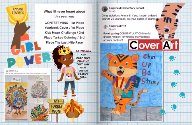 Yearbook spread from contest winner and yearbook hero Tawanna Edwards detailing a students elementary school achievements and winning yearbook cover design