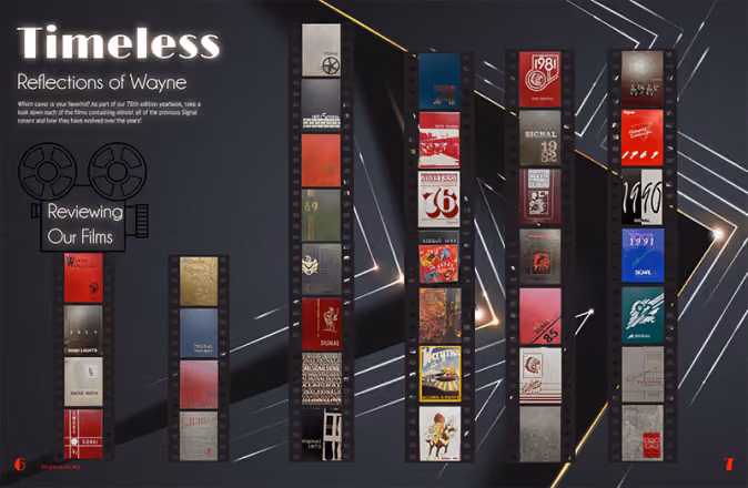 Movie filmstrips showing previous Signal yearbook covers from various years in a timeline format.