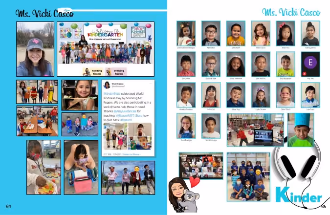 Kindergarten classroom collage with teacher, student photos, activities, and a tweet about World Kindness Day.