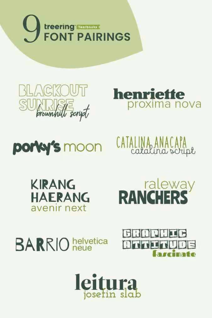 Nine yearbook font pairings showing different font names and styles side by side.