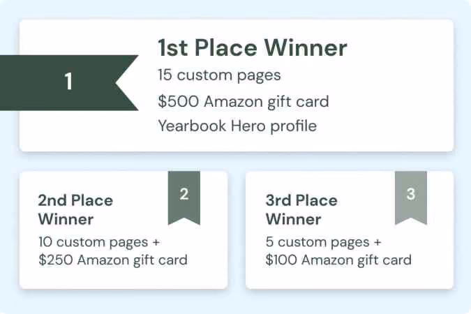 Prize details: 1st place 15 pages and $500 Amazon card; 2nd place 10 pages and $250 card; 3rd place 5 pages and $100 card.