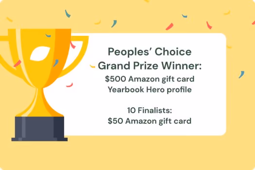Yellow trophy with text announcing $500 Amazon gift card grand prize and $50 gift card for finalists.