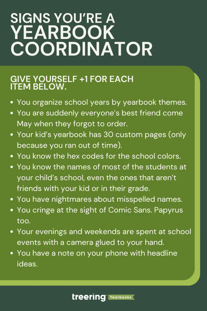 Checklist titled 'Signs You’re a Yearbook Coordinator' with traits like organizing years by themes and knowing school colors.