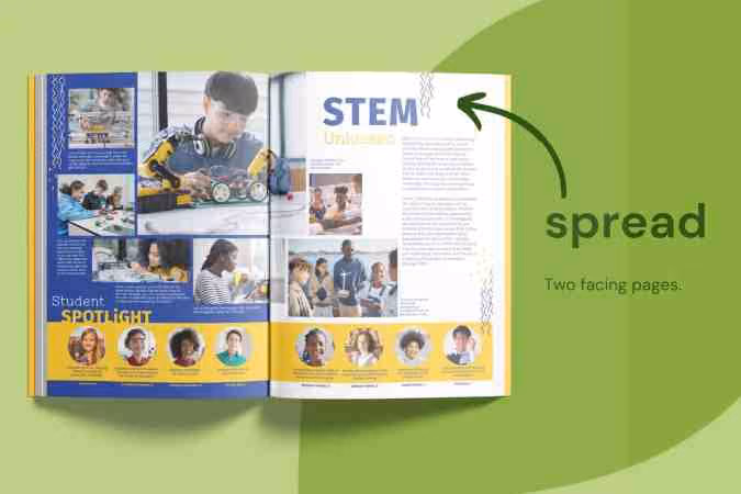 Open magazine spread showing STEM activities and student spotlight with photos of kids and projects.
