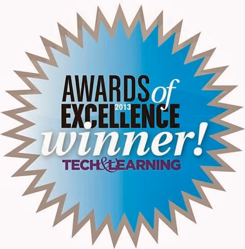 Blue starburst badge stating Awards of Excellence 2013 winner by Tech & Learning.