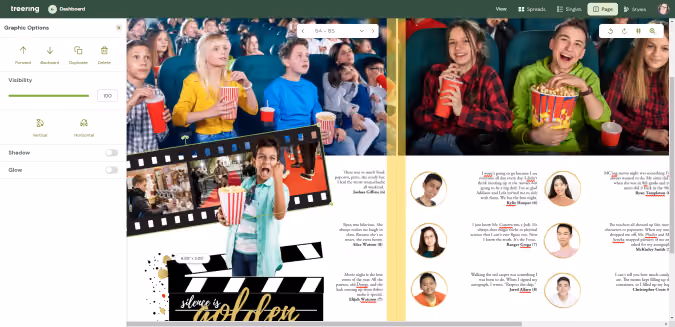 Yearbook spread showing layering of photos and graphic elements