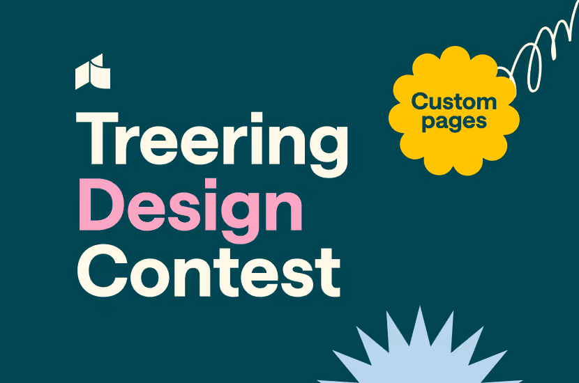 Graphic text saying Treering Design Contest with a yellow shape labeled Custom pages on dark teal background.