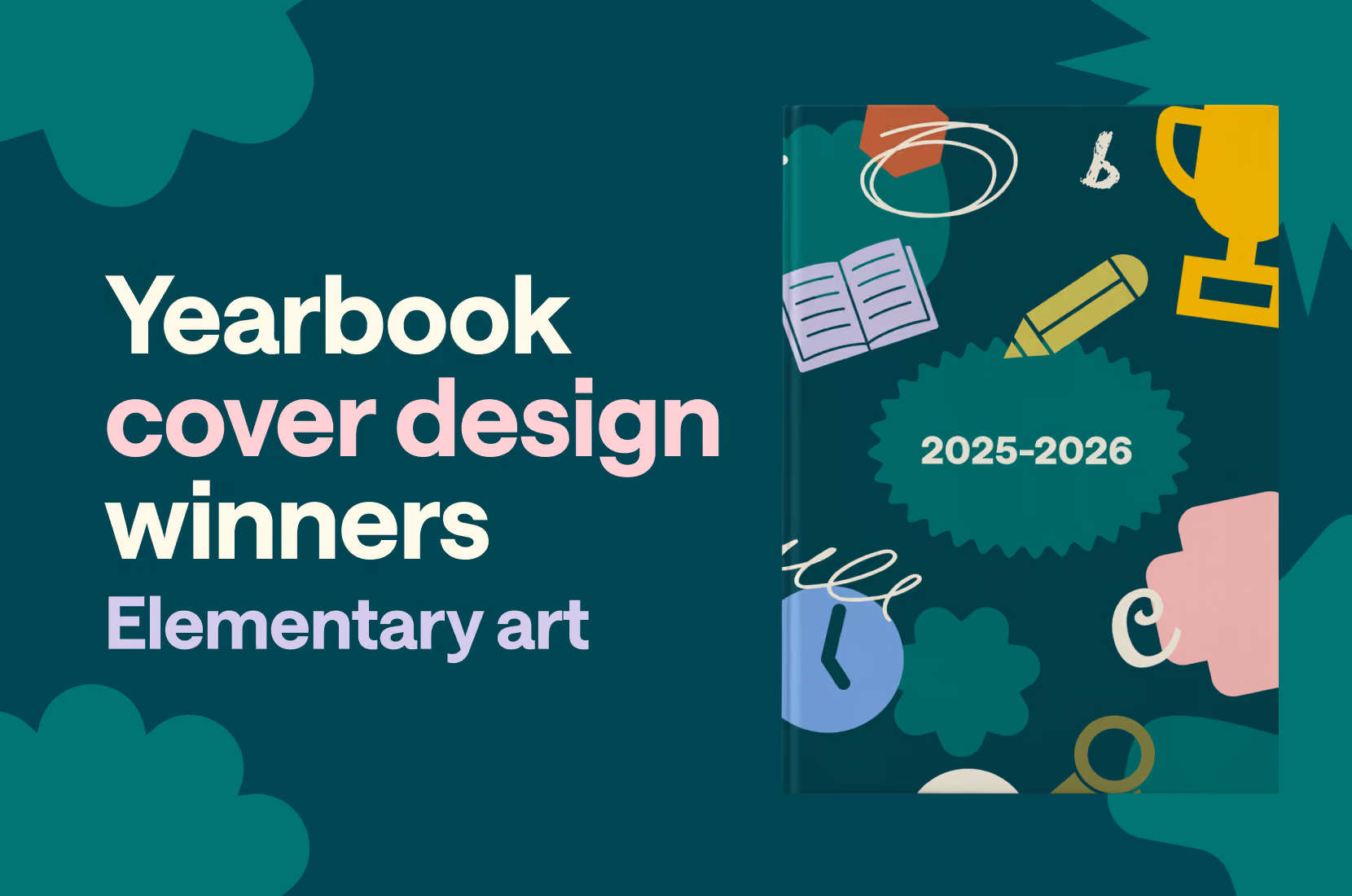 Cover of a 2025-2026 yearbook with colorful elementary art icons including a trophy and clock.