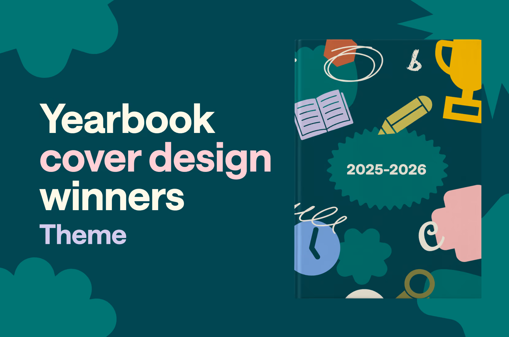 Yearbook cover design winners theme with colorful school-related icons and 2025-2026 on book cover.