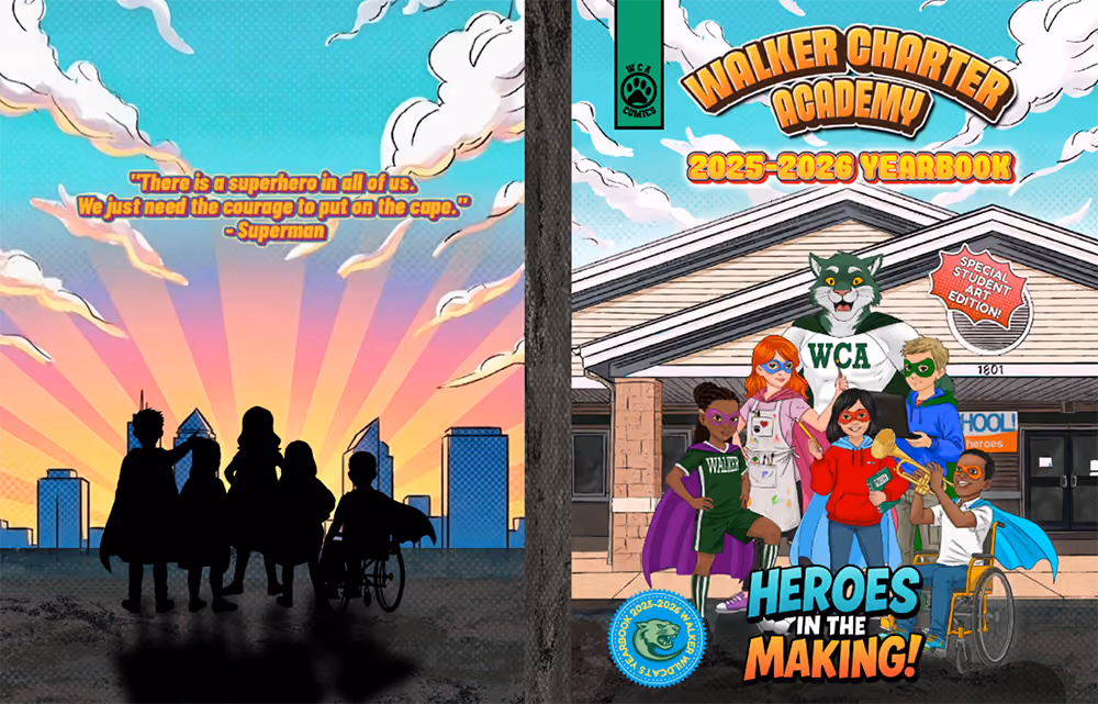 Walker Charter Academy 2025-2026 yearbook cover with kids and mascot dressed as superheroes outside school.