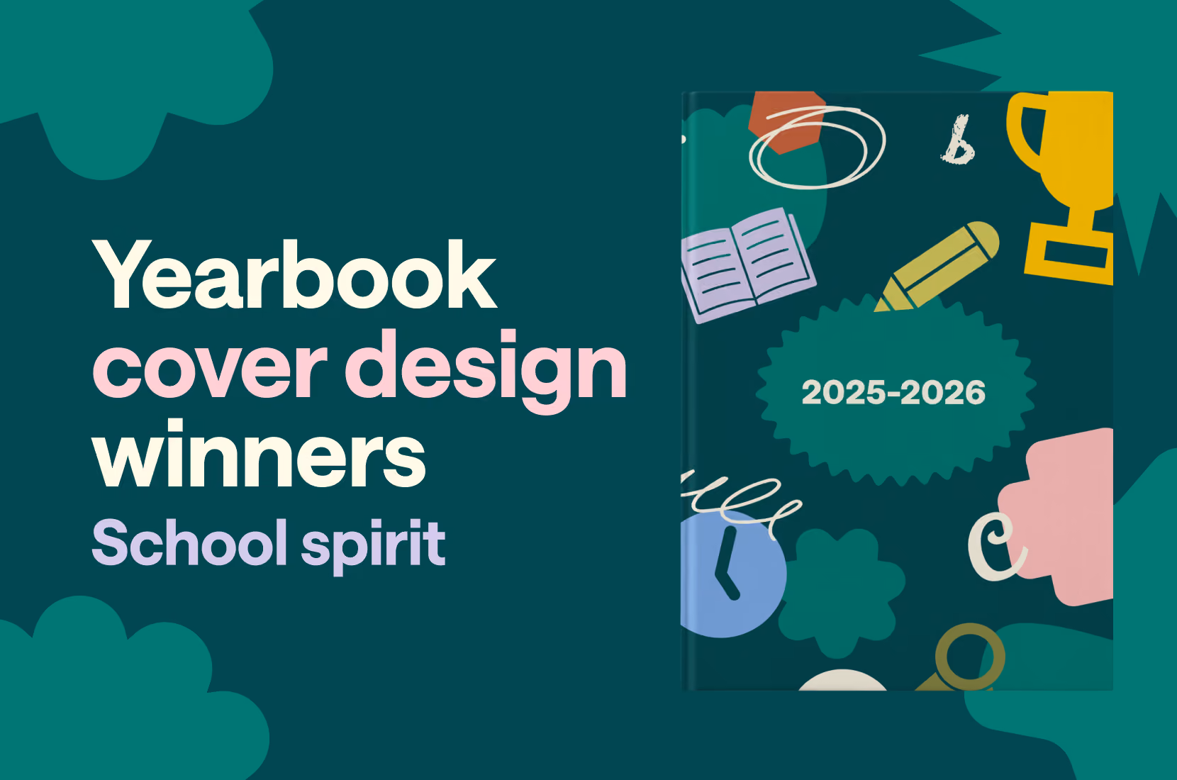 Yearbook cover design winners for 2025-2026 with school-themed icons and colorful shapes.