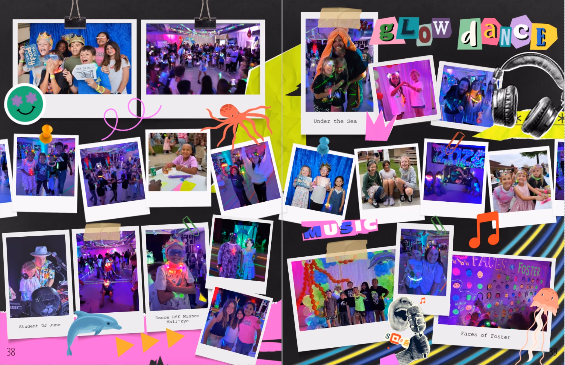 Collage of photos showing children and adults at a glow dance event with colorful lights and decorations.