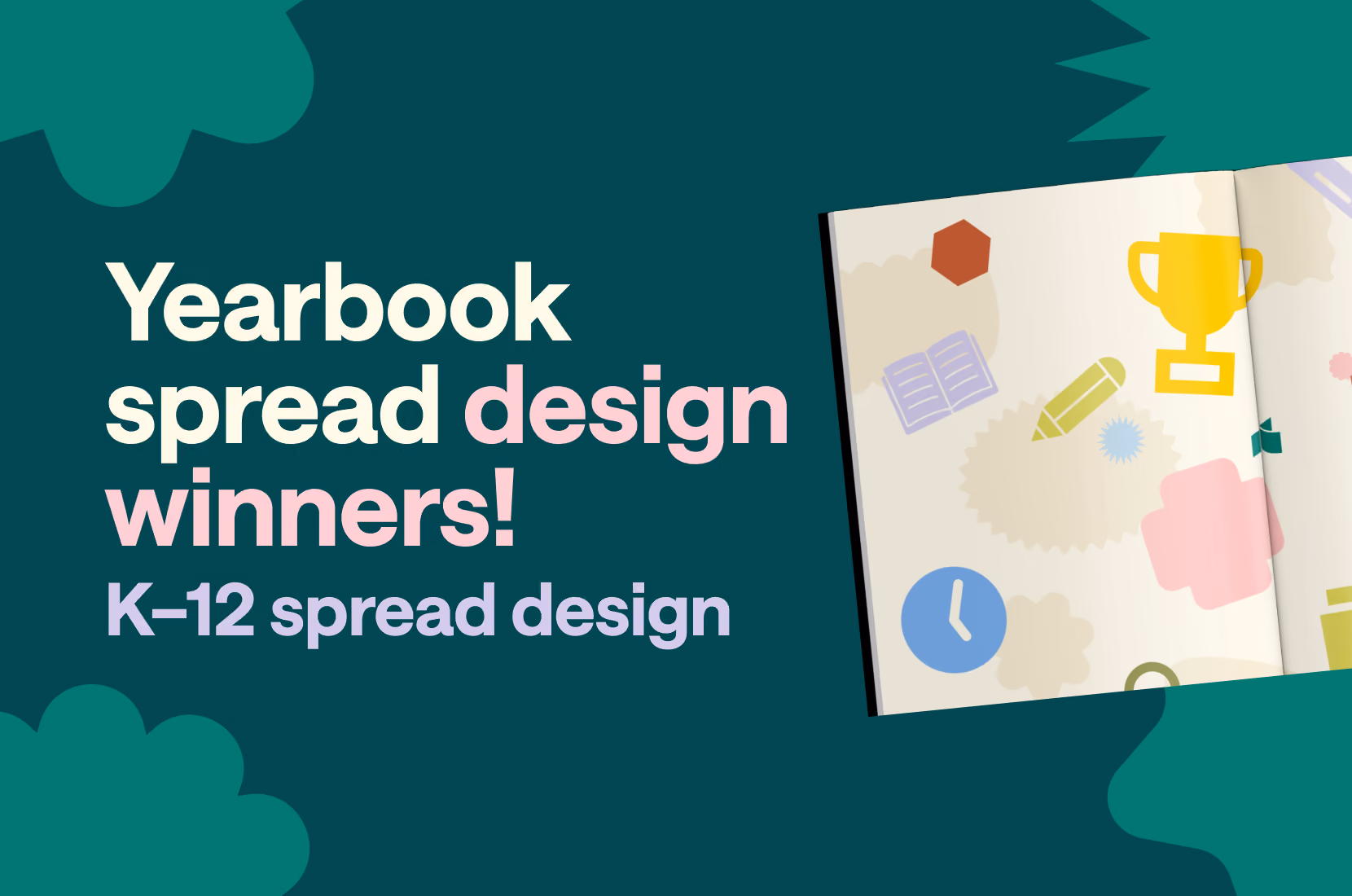 Yearbook spread design winners announcement with colorful icons on an open book spread.
