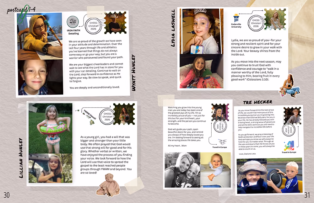 Collage of children with messages celebrating perseverance, faith, and growth from CHESS Christian 2026.