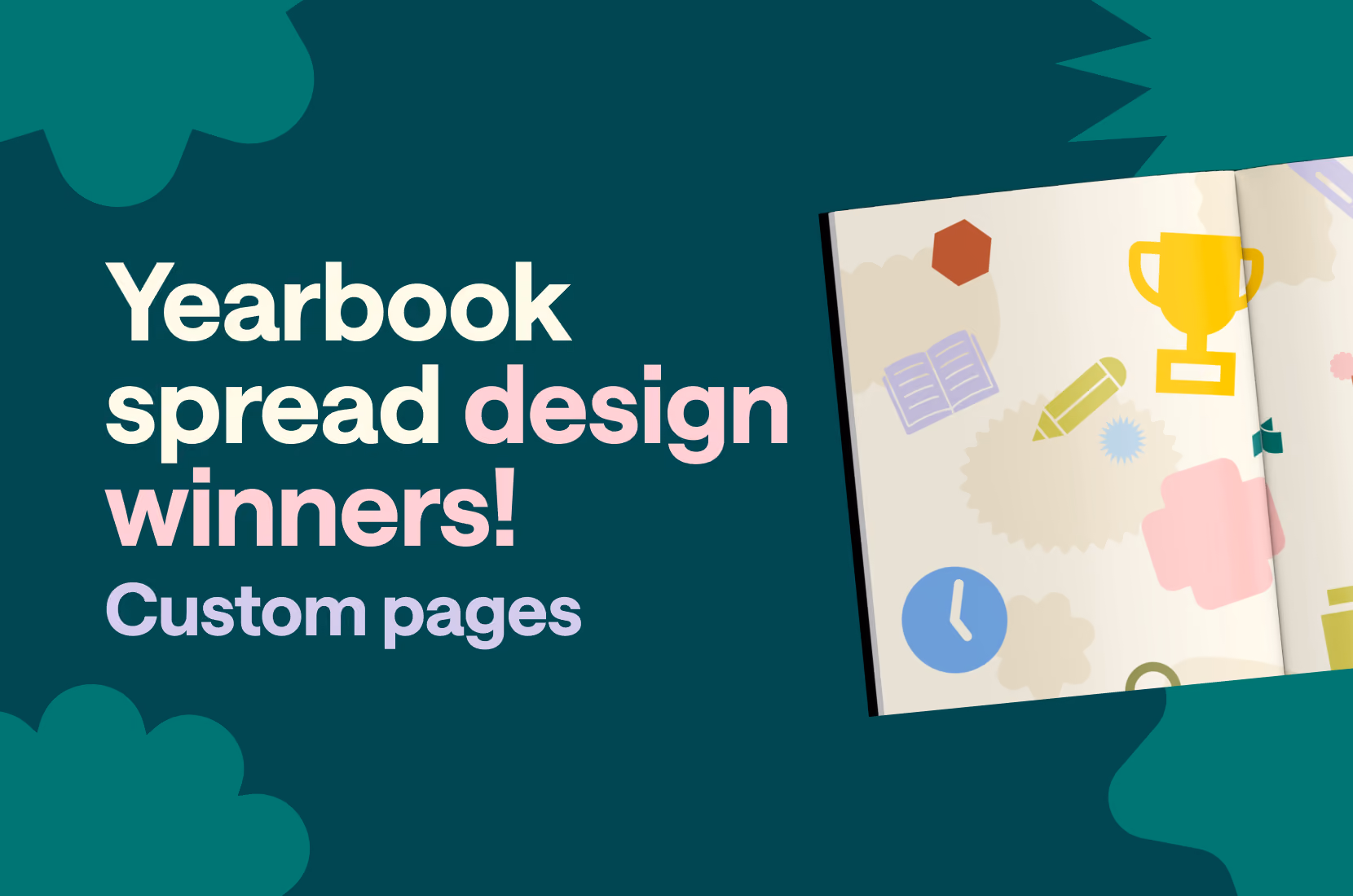 Yearbook spread design winners announcement with colorful icons on open book pages on teal background.