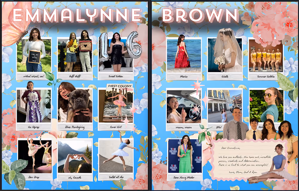 Collage of Emmalynne Brown's photos, achievements, and family message on floral blue background.