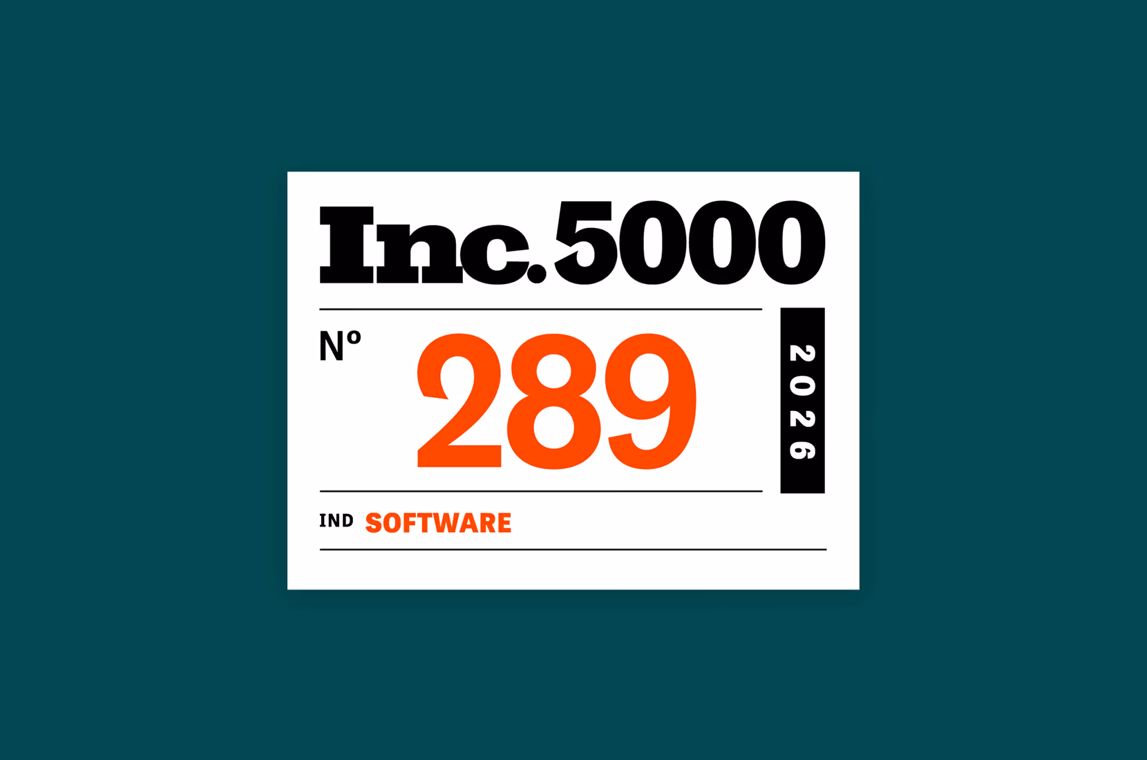 Inc. 5000 badge showing rank number 289 in software industry for 2026.