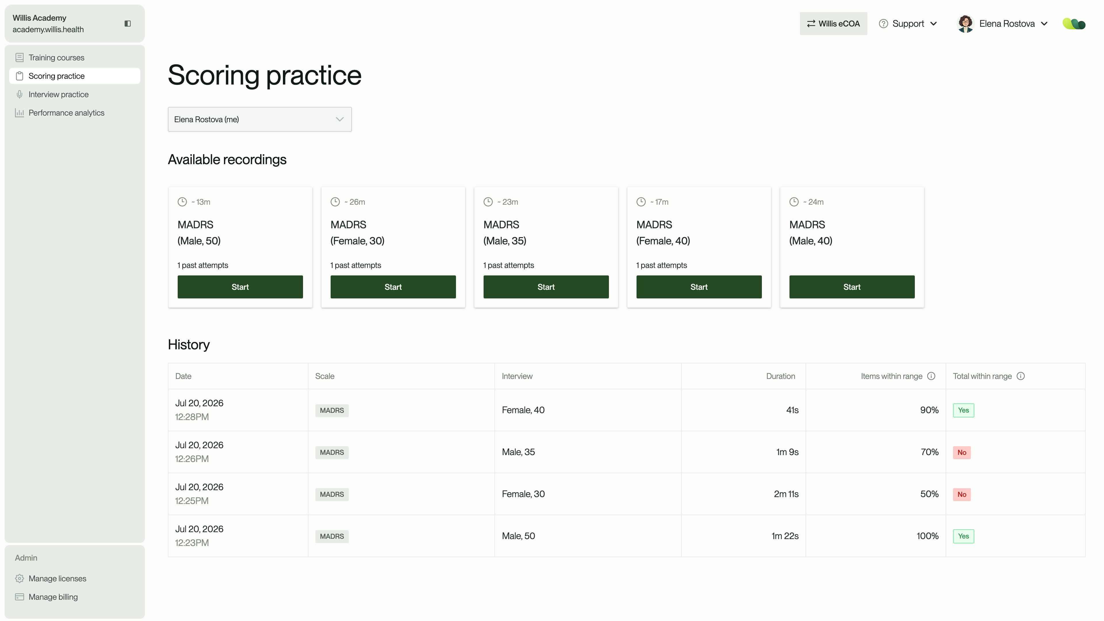 Scoring practice interface showing available MADRS recordings and interview history with dates and scores.