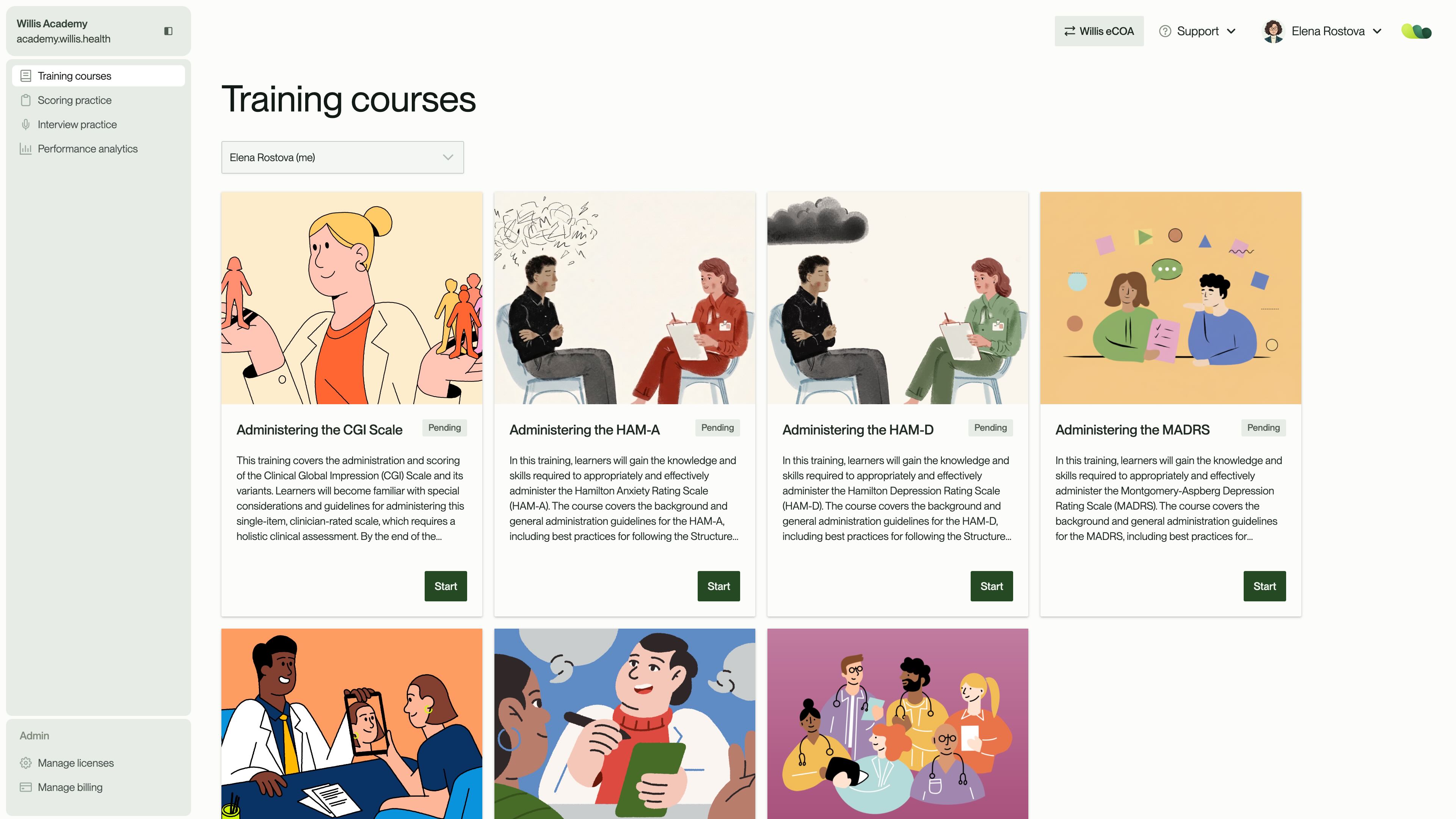 Training courses dashboard showing various mental health assessment courses with illustrations and start buttons.