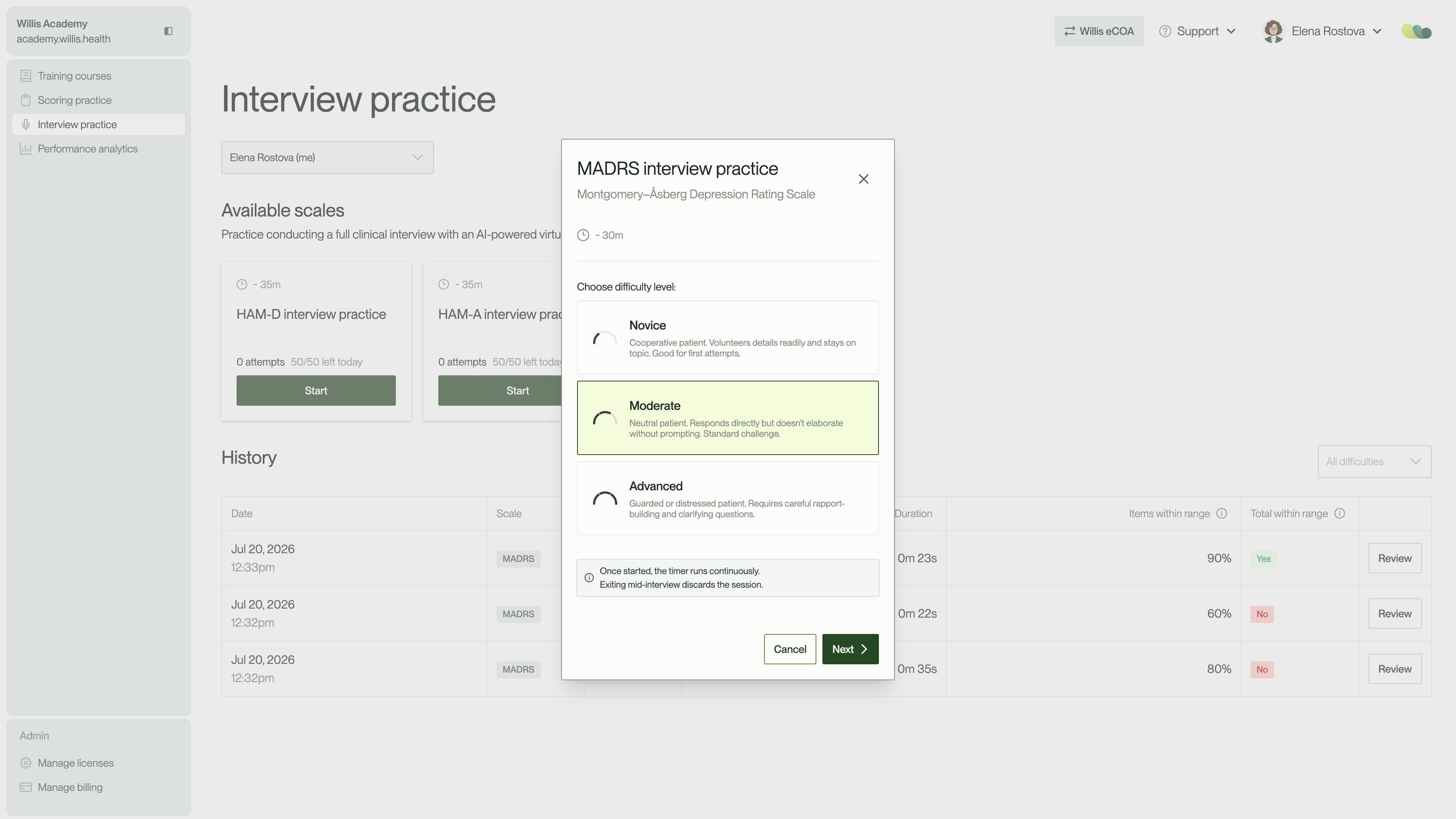 Screen showing Interview practice with options to start depression scale interviews and a popup to select difficulty level.