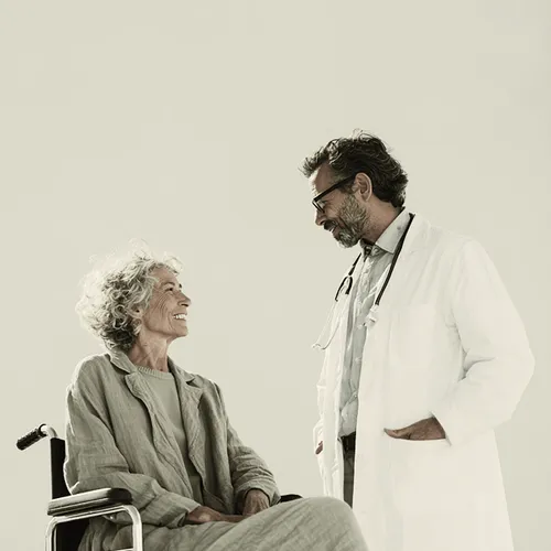 Doctor talking to elderly woman in wheelchair