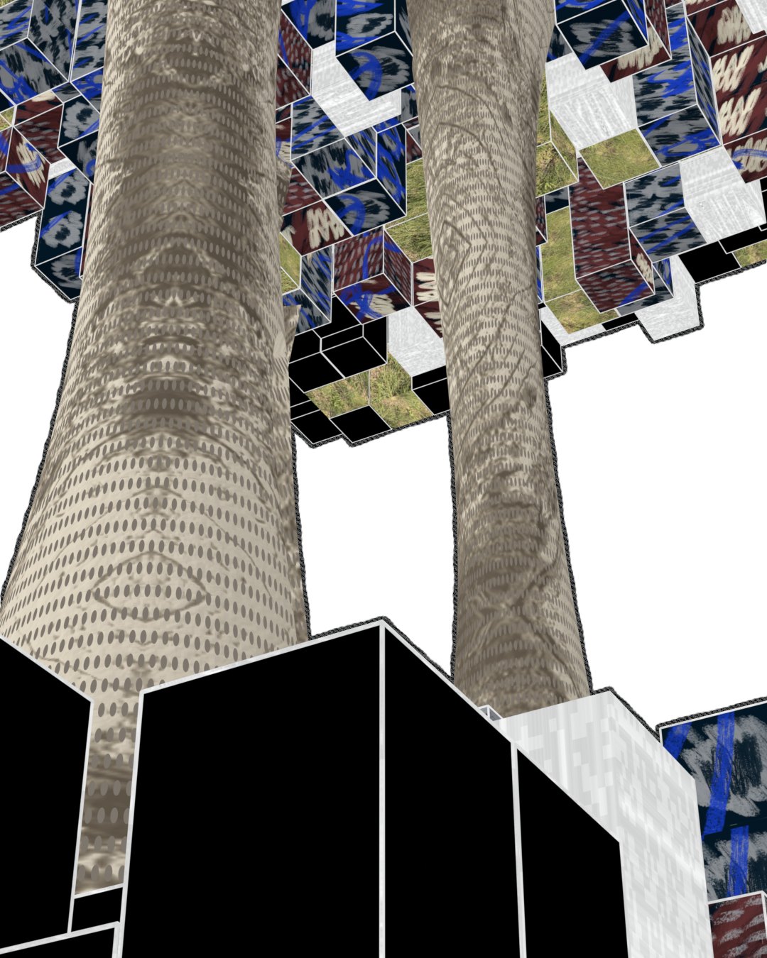 3D render of two tall textured towers rising past tiled blocks
