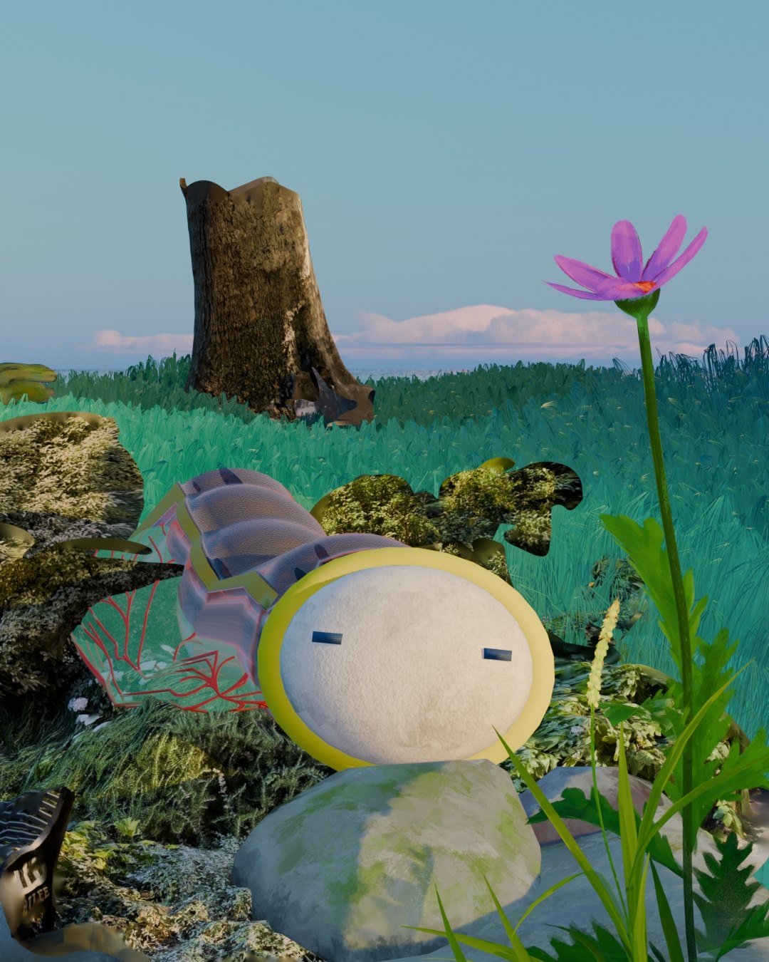 3D render of a round sleeping creature in a meadow beside a pink flower