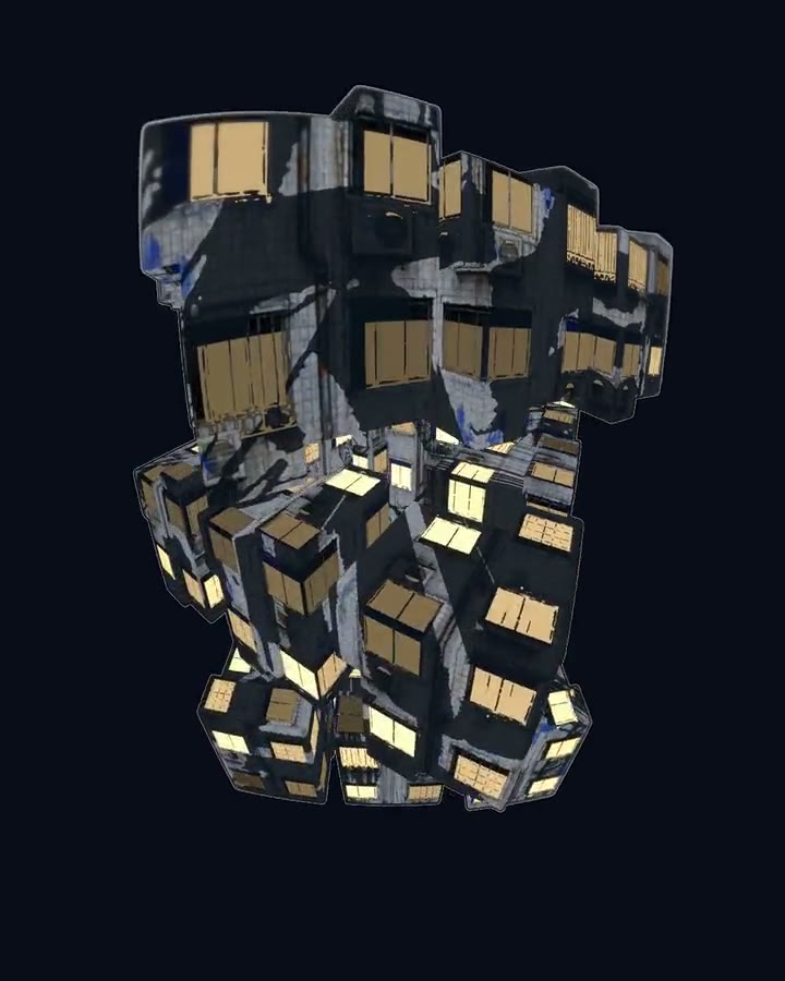 3D animation of a rotating cluster of gold and black tiled cubes