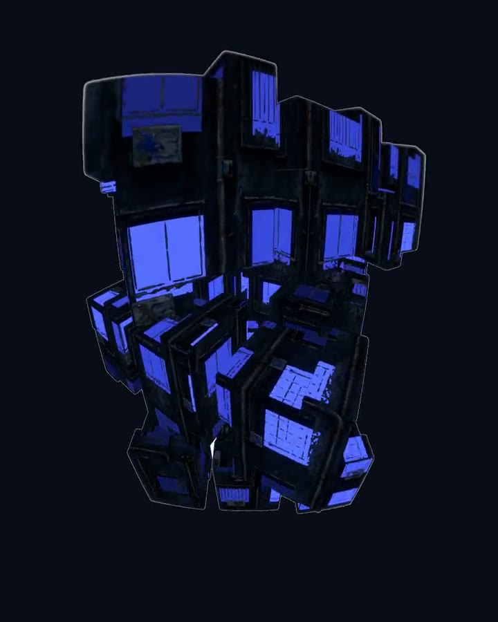 3D animation of a rotating cluster of glowing blue tiled cubes
