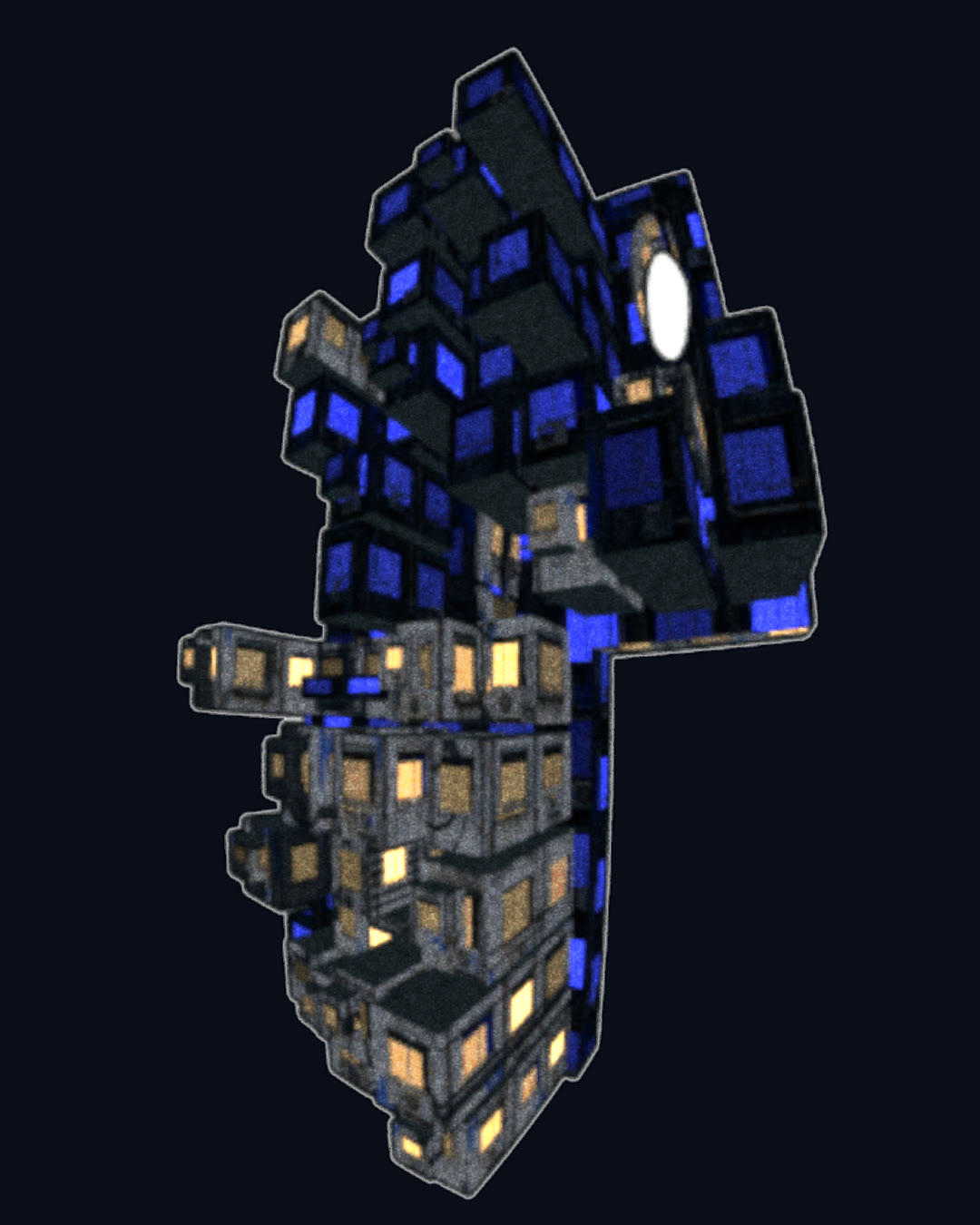 3D render of a towering cluster of blue and gold tiled cubes