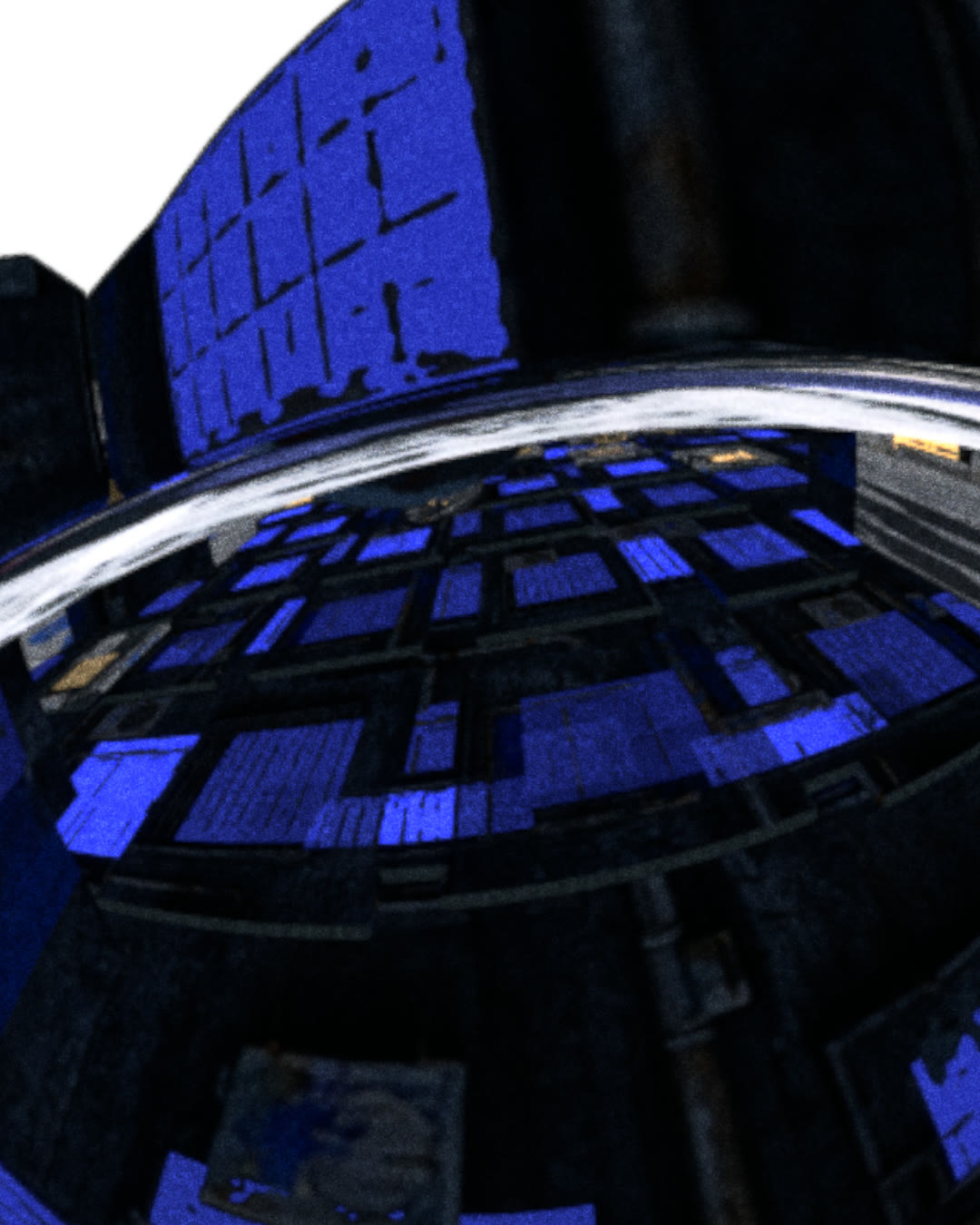 3D render looking up through a glass dome at a blue tiled structure