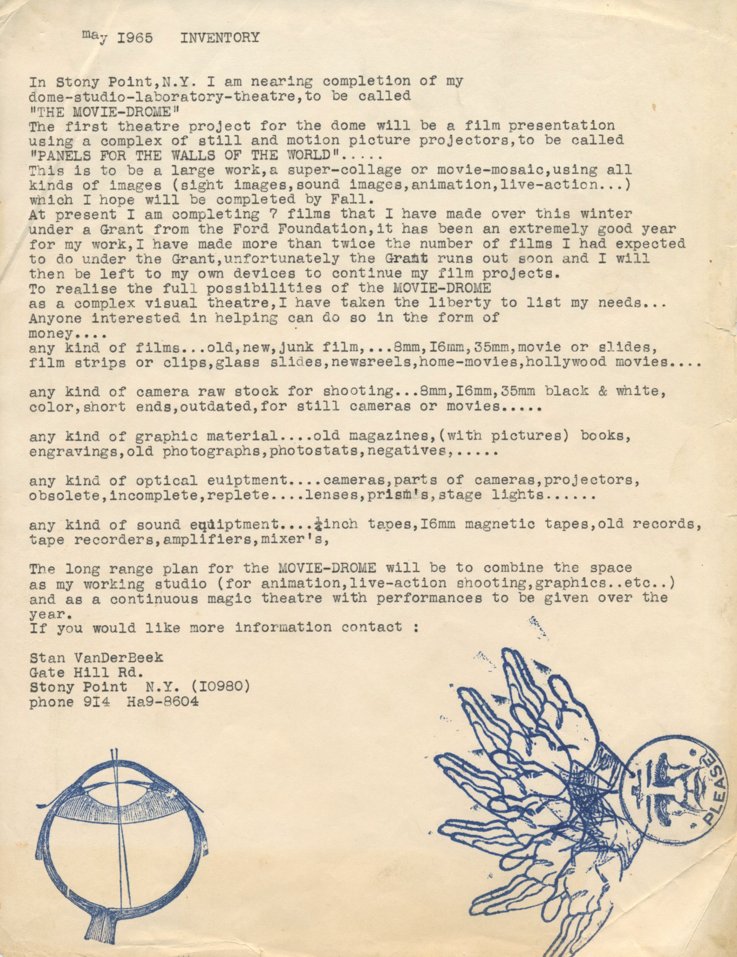 Typed letter from Stan VanDerBeek about the completion of Movie-Drome, 1965