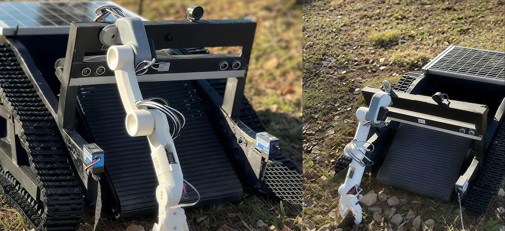 Robotska ruka povezana sa uređajem na guseničar platformi na travnatoj površini sa solarnim panelom.
