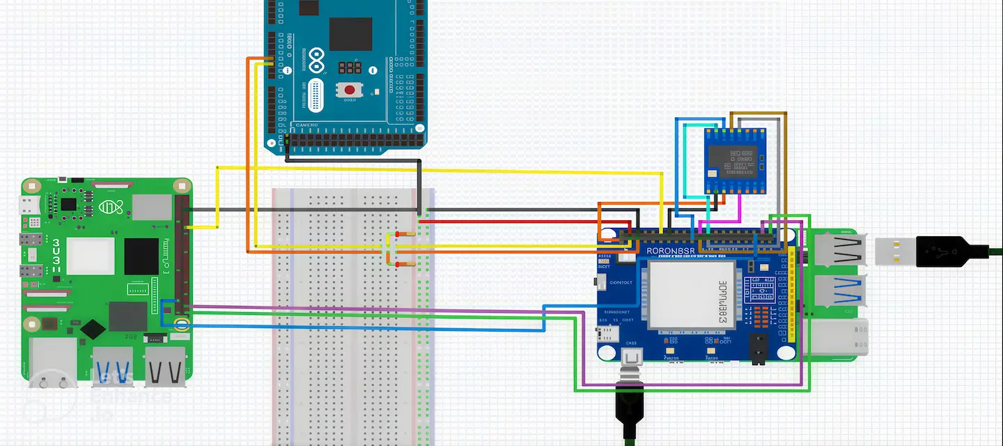 Šematski prikaz povezivanja Raspberry Pi računara, Arduina, i ESP8266 modula putem breadboard ploče i žica.