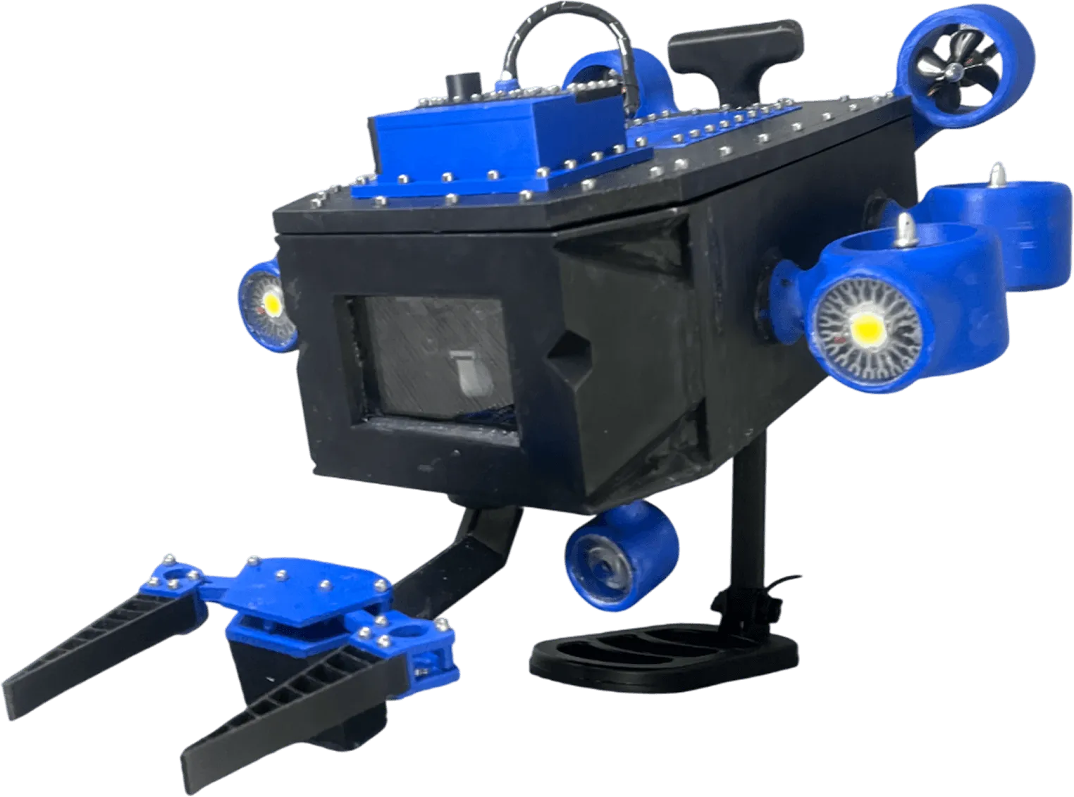 Robotska ruka sa crno-plavim telom i svetlima pozadi i napred.
