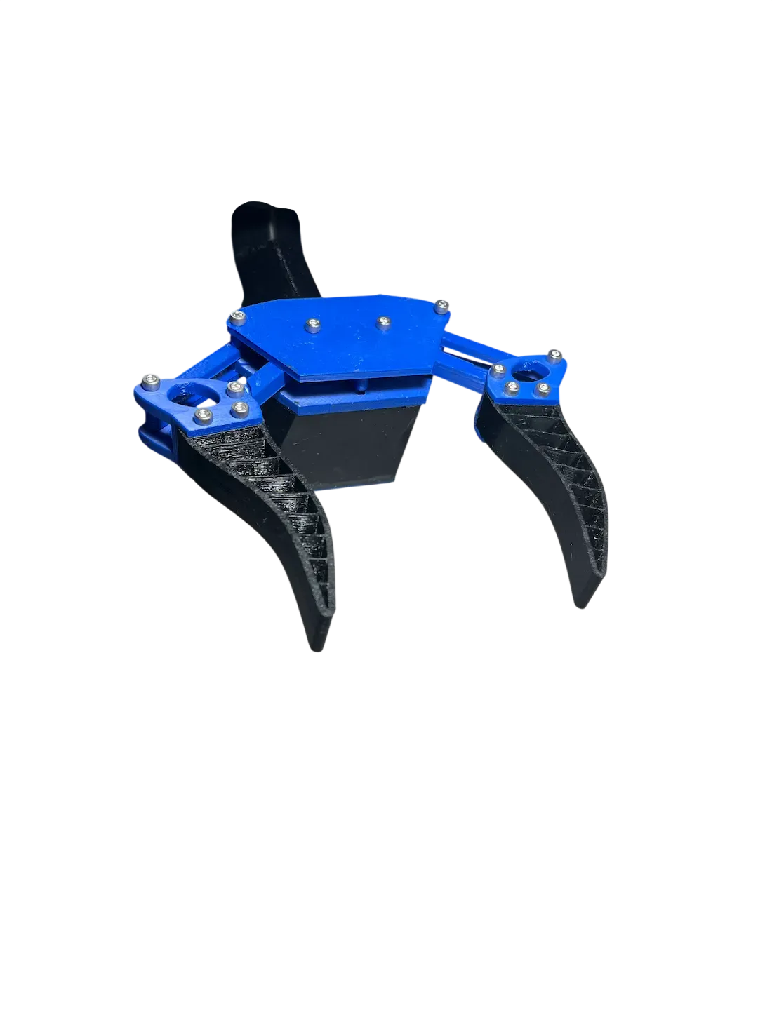 Plavi i crni robotski hvatalac sa dve zakrivljene pipke na crnoj pozadini.