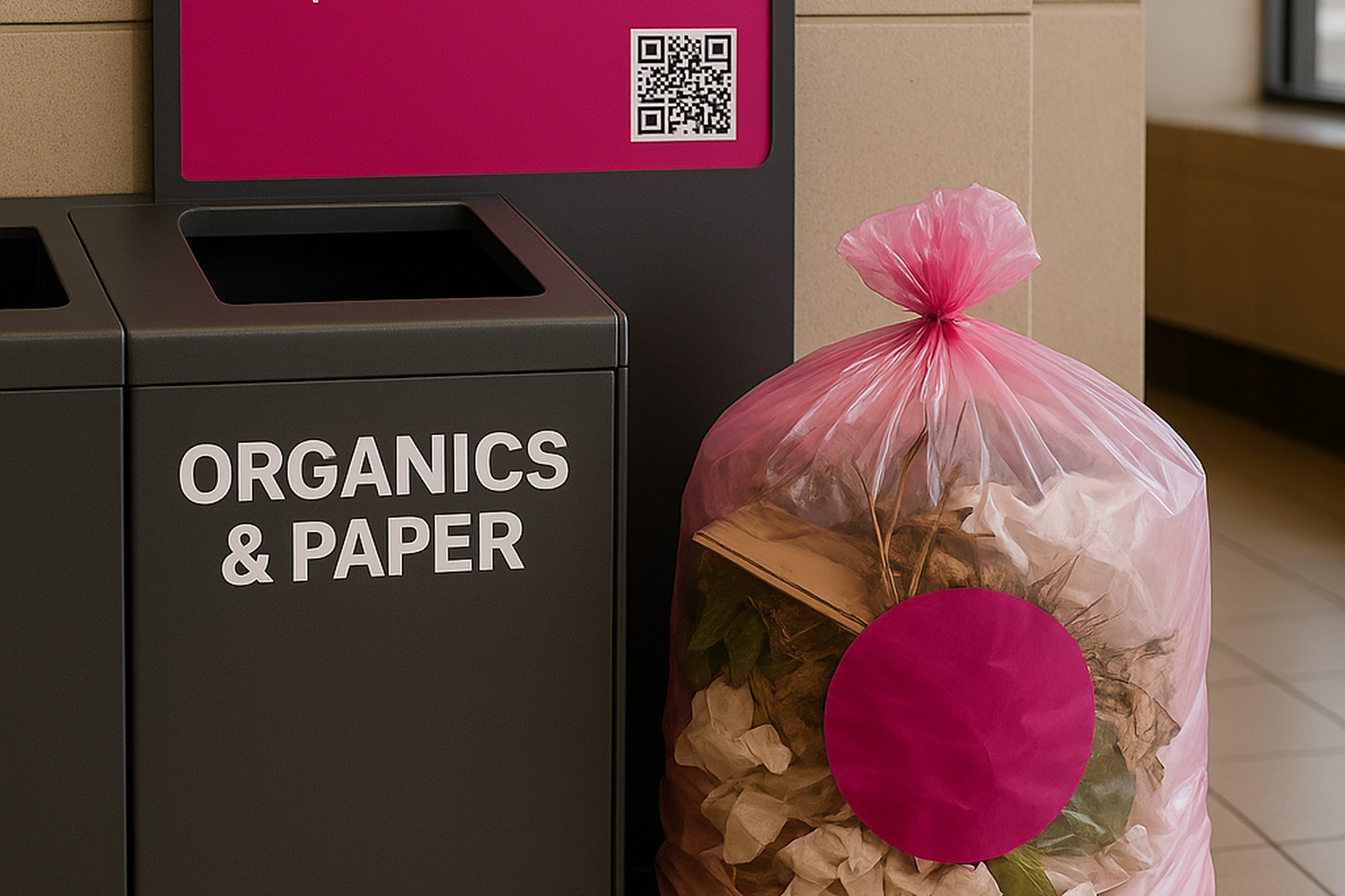 Pink Dot System on packaging and collection bags for carbon removal routing